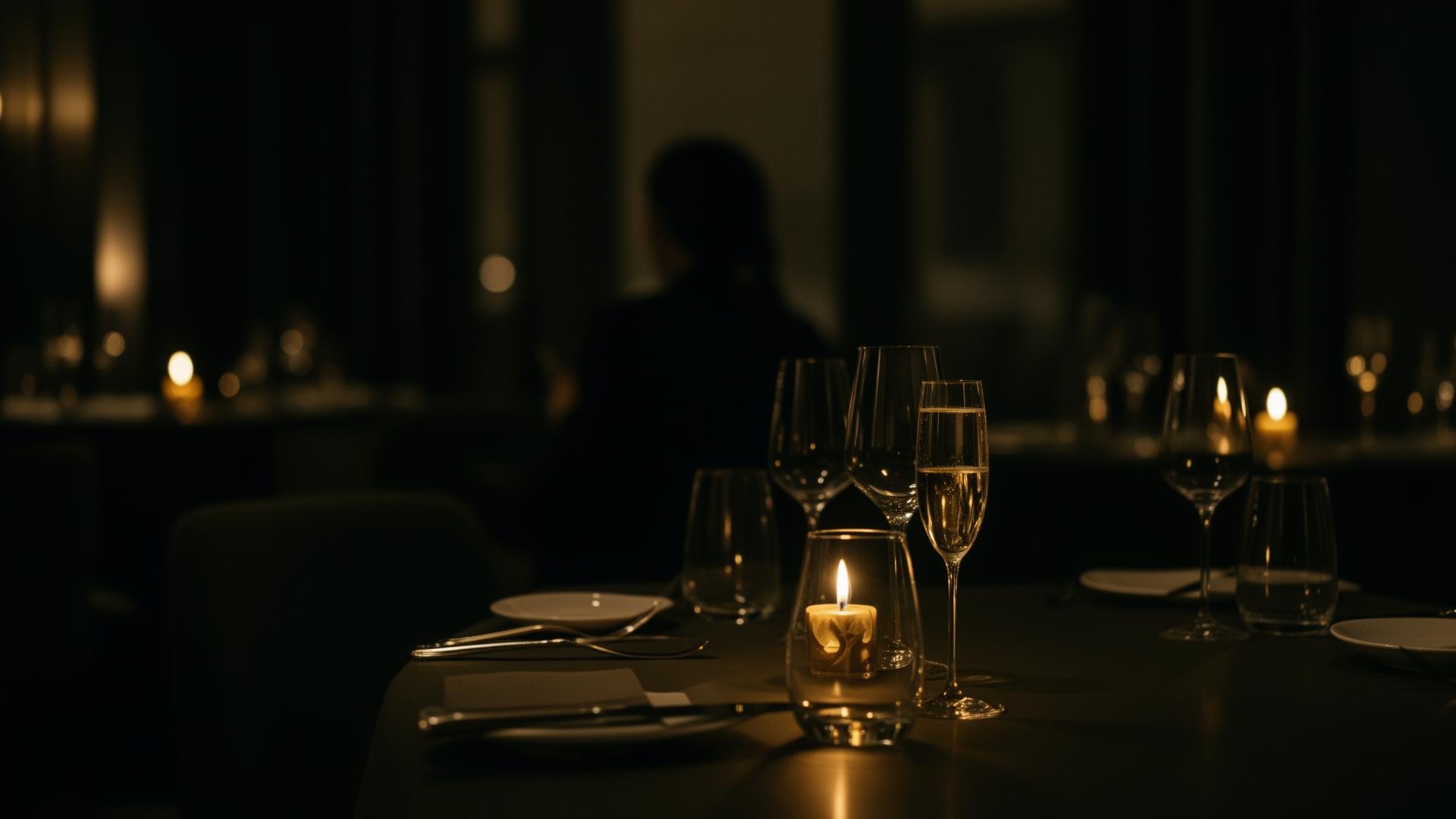 A candlelit restaurant interior with a single anonymous diner